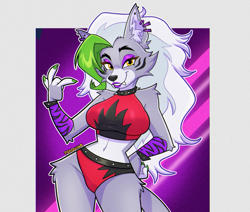 Size: 1039x882 | Tagged: safe, artist:praquina, roxanne wolf (fnaf), canine, mammal, wolf, anthro, five nights at freddy's, five nights at freddy's: security breach, 2023, belly button, black nose, bottomwear, breasts, clothes, crop top, digital art, ears, eyelashes, female, fluff, fur, green hair, hair, looking at you, pose, shorts, shoulder fluff, simple background, solo, solo female, tail, topwear, wide hips