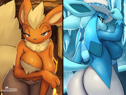 Size: 1200x900 | Tagged: safe, artist:ozoneserpent, eeveelution, fictional species, flareon, glaceon, mammal, anthro, nintendo, pokémon, 2023, arm under breasts, bedroom eyes, belly button, big breasts, big butt, black nose, breasts, butt, clothes, cosplay, crop top, detailed background, digital art, ears, eyelashes, female, fluff, fur, hair, hat, headwear, heat miser, looking at you, looking back, looking back at you, neck fluff, panties, picture-in-picture, pose, rear view, shirt, sideboob, snow miser, solo, solo female, tail, the year without a santa claus, topwear, underwear, wide hips