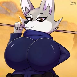 Size: 3000x3000 | Tagged: suggestive, artist:fennythefox, zhen (kung fu panda), canine, corsac fox, fox, mammal, anthro, dreamworks animation, kung fu panda, spoiler:kung fu panda 4, 2023, bedroom eyes, big breasts, breasts, brown eyes, claws, clothes, detailed background, digital art, eyebrows, female, fur, glistening, glistening body, gray body, gray fur, high res, huge breasts, looking at you, seductive, seductive eyes, seductive look, sexy, sexy outfit, simple background, smiling, solo, solo female, sweater, topwear, vixen, white countershading, white inner ear, wide hips