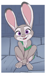 Size: 2156x3622 | Tagged: safe, artist:amadosecomics, judy hopps (zootopia), lagomorph, mammal, rabbit, anthro, disney, zootopia, 2023, clothes, ears, female, fur, gray body, gray fur, indoors, looking at you, off shoulder, paws, purple eyes, shirt, sitting, solo, solo female, topwear