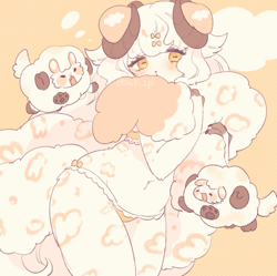 Size: 750x747 | Tagged: safe, artist:shiki_2p, big cat, bovid, caprine, feline, hybrid, leopard, mammal, sheep, anthro, 2023, clothes, female, fluff, horns, kemono, neck fluff, panties, solo, solo female, thick thighs, thighs, underwear, wide hips