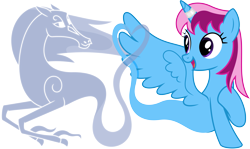 Size: 6721x4000 | Tagged: safe, artist:parclytaxel, oc, oc only, oc:parcly taxel, oc:spindle, alicorn, equine, fictional species, genie, genie pony, mammal, pony, windigo, feral, friendship is magic, hasbro, my little pony, .svg available, 2023, absurd resolution, ain't never had friends like us, albumin flask, duo, eye contact, feathered wings, feathers, female, floating, heart, hooves, horn, mare, open mouth, open smile, raised hoof, simple background, smiling, tail, transparent background, vector, wings