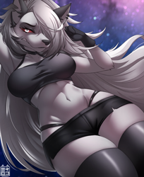 Size: 1119x1374 | Tagged: safe, artist:katarine, loona (vivzmind), canine, fictional species, hellhound, mammal, anthro, hazbin hotel, helluva boss, 2023, belly button, black nose, bottomwear, breasts, clothes, colored sclera, crop top, detailed background, digital art, ears, eyelashes, female, fur, hair, hair over one eye, legwear, red sclera, shorts, solo, solo female, stockings, tail, topwear, wide hips
