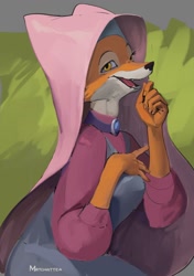 Size: 1058x1500 | Tagged: safe, artist:matchattea, maid marian (robin hood), canine, fox, mammal, red fox, anthro, disney, robin hood (disney), 2022, 2d, bottomwear, clothes, dress, female, open mouth, open smile, signature, smiling, solo, solo female, vixen
