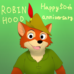 Size: 1400x1400 | Tagged: safe, artist:roshu39, robin hood (robin hood), canine, fox, mammal, red fox, anthro, disney, robin hood (disney), 2023, 2d, anniversary, english text, front view, gradient background, looking at you, male, open mouth, open smile, smiling, smiling at you, solo, solo male, text, three-quarter view