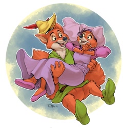 Size: 694x700 | Tagged: safe, artist:teaselbone, maid marian (robin hood), robin hood (robin hood), canine, fox, mammal, red fox, anthro, disney, robin hood (disney), 2018, 2d, bottomwear, canon ship, clothes, double outline, dress, duo, duo male and female, female, hat, headwear, holding, holding character, male, male/female, open mouth, open smile, shows, signature, sitting, smiling, vixen