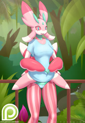 Size: 834x1200 | Tagged: suggestive, artist:lyzergide, fictional species, lurantis, anthro, nintendo, pokémon, 2017, anthrofied, belly button, blue shirt, blue underwear, breasts, cameltoe, clothes, colored sclera, detailed background, digital art, ears, eyelashes, female, hair, jungle, nipple outline, open mouth, panties, pink sclera, plant, red sclera, scales, sexy, shirt, solo, solo female, standing, tail, thighs, tongue, topwear, tree, underwear, wavy mouth, wide hips