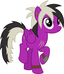 Size: 4000x4607 | Tagged: safe, artist:parclytaxel, oc, oc only, oc:sassy lost, equine, fictional species, mammal, pegasus, pony, feral, hasbro, my little pony, .svg available, 2023, absurd resolution, ear piercing, earring, female, heterochromia, hooves, looking at you, mare, piercing, raised hoof, request art, scar, simple background, smiling, smiling at you, solo, solo female, spiked wristband, transparent background, vector, wristband