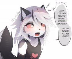 Size: 2764x2261 | Tagged: safe, artist:magnaluna, loona (vivzmind), canine, fictional species, hellhound, mammal, anthro, hazbin hotel, helluva boss, 2023, alternate timeline, black nose, blushing, cheek fluff, clothes, colored sclera, dialogue, ear fluff, female, fluff, fur, gray body, gray fur, hair, heart, open mouth, puppy, red sclera, sharp teeth, shirt, solo, solo female, speech bubble, tail, tail fluff, talking, talking to viewer, tank top, teeth, topwear, vulgar, white body, white eyes, white fur, white hair, young, younger