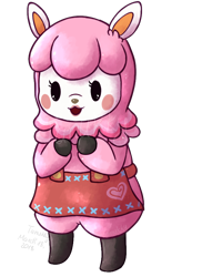 Size: 700x960 | Tagged: safe, artist:tanukky, reese (animal crossing), alpaca, mammal, semi-anthro, animal crossing, nintendo, 2018, 2d, apron, camelid, clothes, female, open mouth, open smile, signature, simple background, smiling, solo, solo female, standing, transparent background, ungulate