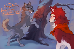 Size: 1280x854 | Tagged: safe, artist:reysi, balto (balto), jenna (balto), canine, dog, husky, hybrid, mammal, wolf, wolfdog, feral, balto (series), universal pictures, 2023, blushing, cute, dialogue, duo, duo male and female, english text, eyes closed, female, male, male/female, open mouth, open smile, plant, shipping, smiling, snow, talking, text, tree