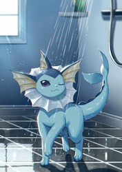 Size: 1202x1700 | Tagged: safe, artist:kaminokefusa, eeveelution, fictional species, mammal, vaporeon, feral, nintendo, pokémon, 2023, 2d, ambiguous gender, big tail, closed mouth, complete nudity, cute, depth of field, detailed background, digital art, ears, fins, fish tail, light blue body, long tail, looking at you, nudity, one eye closed, paws, quadruped, raised leg, raised tail, shower, shower room, showering, solo, solo ambiguous, tail, tail fin, thighs, water, wet, wet body, wet tail