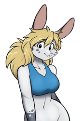 Size: 928x1335 | Tagged: safe, artist:hexteknik, oc, oc only, lagomorph, mammal, rabbit, anthro, 2023, belly button, breasts, clothes, digital art, ears, eyelashes, female, fur, hair, pink nose, simple background, solo, solo female, sports bra, tail, thighs, topwear, white background, wide hips