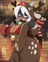Size: 1200x1553 | Tagged: safe, artist:skwidbone, oc, oc only, fictional species, houndoom, mammal, anthro, nintendo, pokémon, 2023, bedroom eyes, big breasts, black nose, bra, breasts, clothes, costume, detailed background, digital art, ears, eyelashes, female, fur, hair, open mouth, solo, solo female, tail, thighs, tongue, underwear, unzipped, wide hips