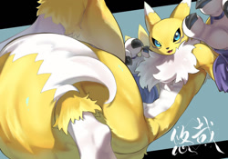 Size: 1280x897 | Tagged: safe, artist:antaresxii, fictional species, renamon, anthro, digitigrade anthro, digimon, 2023, belly button, black nose, black sclera, colored sclera, digital art, ears, eyelashes, female, fluff, fur, neck fluff, open mouth, simple background, solo, solo female, tail, thighs, tongue, wide hips