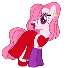 Size: 2096x1931 | Tagged: safe, artist:muhammad yunus, jessica rabbit (roger rabbit), oc, oc only, oc:annisa trihapsari, earth pony, equine, fictional species, mammal, pony, feral, friendship is magic, hasbro, my little pony, who framed roger rabbit, bottomwear, clothes, crossover, dress, ear piercing, eyebrows, female, lipstick, looking at you, makeup, mare, open mouth, open smile, piercing, simple background, smiling, smiling at you, solo, solo female, transparent background