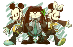 Size: 865x553 | Tagged: safe, artist:ninibleh, len kagamine (vocaloid), mickey mouse (disney), miku hatsune (vocaloid), minnie mouse (disney), oswald the lucky rabbit (disney), rin kagamine (vocaloid), lagomorph, mammal, mouse, rabbit, rodent, disney, mickey and friends, vocaloid, clothes, cosplay, costume, female, food, group, headphones, headwear, male, murine, one eye closed, spring onion, trio, vegetables
