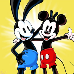 Size: 476x476 | Tagged: safe, artist:ninibleh, mickey mouse (disney), oswald the lucky rabbit (disney), lagomorph, mammal, mouse, rabbit, rodent, disney, mickey and friends, duo, duo male, looking at you, male, males only, open mouth