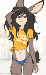 Size: 744x1200 | Tagged: safe, artist:elronya, lagomorph, mammal, rabbit, anthro, 2023, arm above head, breasts, clothes, crop top, looking at you, male, midriff, panties, shirt, smiling, smiling at you, solo, solo male, text, tied shirt, topwear, underwear
