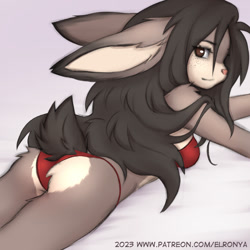 Size: 990x990 | Tagged: safe, artist:elronya, lagomorph, mammal, rabbit, anthro, 2023, bra, breasts, butt, clothes, female, freckles, looking at you, looking back, looking back at you, lying down, panties, prone, smiling, smiling at you, solo, solo female, underwear