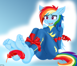 Size: 1584x1364 | Tagged: safe, artist:zorgycuddles, rainbow dash (mlp), equine, fictional species, mammal, pegasus, pony, anthro, plantigrade anthro, friendship is magic, hasbro, my little pony, anthrofied, barefoot, clothes, feet, fetish, foot fetish, foot focus, soles, tickling, toes, wonderbolts uniform