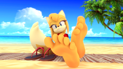 Size: 1422x800 | Tagged: safe, artist:sergemeister, zooey the fox (sonic), canine, fox, mammal, anthro, plantigrade anthro, sega, sonic boom (series), sonic the hedgehog (series), 3d, barefoot, clothes, digital art, feet, female, fetish, foot fetish, foot focus, sandals, shoes, shoes removed, soles, toes, vixen