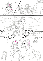 Size: 987x1400 | Tagged: safe, artist:sunny way, oc, oc only, oc:alirfesta felastis, equine, fictional species, horse, ki'rinaes, mammal, anthro, artwork, bubbles, clean, comic, comic page, cute, dirty, equi, equis universe, female, food, fruit, funny, mare, nudity, one page comic, peach, shower, smiling, traditional, traditional art, washing, wet