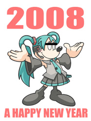 Size: 400x534 | Tagged: artist needed, safe, mickey mouse (disney), miku hatsune (vocaloid), mammal, mouse, rodent, disney, mickey and friends, vocaloid, 2008, bottomwear, chinese new year, clothes, cosplay, costume, english text, hair, headphones, headwear, holiday, long hair, male, new year, shirt, skirt, smiling, solo, solo male, text, topwear