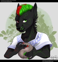 Size: 720x778 | Tagged: safe, artist:heenzkra, oc, oc only, canine, demon, fictional species, mammal, wolf, anthro, ball, black body, black fur, black hair, black nose, body markings, clothes, detailed background, fur, green eyes, green hair, hair, heterochromia, looking at you, male, multicolored body, multicolored hair, red eyes, red hair, signature, smiling, smiling at you, solo, solo male, volleyball