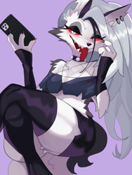 Size: 675x900 | Tagged: safe, artist:laverne_3r, loona (vivzmind), canine, fictional species, hellhound, mammal, anthro, digitigrade anthro, hazbin hotel, helluva boss, 2023, breasts, cell phone, choker, clothes, colored sclera, crop top, crossed legs, ear piercing, female, legwear, lidded eyes, looking at you, phone, piercing, red sclera, sitting, smartphone, smiling, smiling at you, solo, solo female, spiked choker, thigh highs, tongue, tongue out, topwear