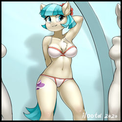 Size: 4500x4500 | Tagged: suggestive, artist:iloota, coco pommel (mlp), earth pony, equine, fictional species, mammal, pony, anthro, friendship is magic, hasbro, my little pony, 1:1, 2020, absurd resolution, adorasexy, arm behind head, armpits, belly button, bra, breasts, chest fluff, cleavage fluff, clothes, cute, female, fluff, frilly underwear, g4, mare, panties, ribbon, sexy, smiling, solo, solo female, underwear, white underwear