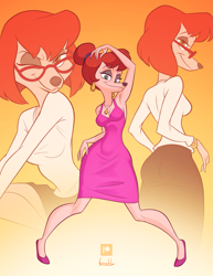 Size: 989x1280 | Tagged: safe, artist:birchly, canine, dog, mammal, anthro, 2023, an extremely goofy movie, big breasts, big butt, bottomwear, bracelet, breasts, butt, cleavage, clothes, digital art, dress, ear piercing, earring, female, glasses, green eyes, hair, jewelry, looking at you, necklace, one eye closed, orange background, piercing, red hair, shoes, simple background, smiling, smiling at you, solo, solo female, sylvia marpole (an extremely goofy movie), thick thighs, thighs, wide hips, winking
