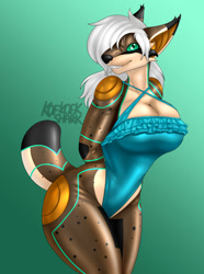 Size: 1118x1500 | Tagged: safe, artist:koekoek19, oc, oc only, android, feline, fictional species, lynx, mammal, robot, anthro, 2023, big breasts, black nose, breasts, clothes, digital art, ears, eyelashes, female, fur, hair, leotard, looking at you, simple background, smiling, smiling at you, solo, solo female, tail, thighs, wide hips