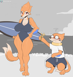 Size: 1873x1967 | Tagged: safe, artist:cooliehigh, buizel, fictional species, mammal, anthro, digitigrade anthro, nintendo, pokémon, 2023, beach, big breasts, black nose, bottomwear, breasts, clothes, detailed background, digital art, duo, duo male and female, ears, eyelashes, female, flower, fur, glasses, hair, male, nerd, ocean, one-piece swimsuit, plant, round glasses, shirt, shorts, surfboard, swimsuit, tail, thighs, topwear, water, wide hips
