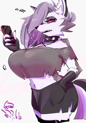 Size: 1400x2000 | Tagged: safe, artist:sozglitch, loona (vivzmind), canine, fictional species, hellhound, mammal, anthro, hazbin hotel, helluva boss, 2023, big breasts, bottomwear, breasts, cell phone, choker, clothes, colored sclera, crop top, cropped shirt, dialogue, female, fingerless gloves, gloves, hands in pockets, looking at you, midriff, phone, red sclera, short shorts, shorts, simple background, smartphone, solo, solo female, spiked choker, talking, topwear