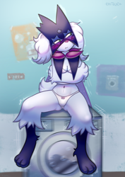 Size: 2421x3425 | Tagged: suggestive, artist:kastoluza1, fictional species, meowscarada, anthro, digitigrade anthro, nintendo, pokémon, spoiler:pokémon gen 9, spoiler:pokémon scarlet and violet, 2023, bedroom eyes, belly button, blushing, bra, breasts, butt, clothes, commission, digital art, ears, eyelashes, female, fluff, fur, hair, laundry, looking away, mask, neck fluff, panties, pink nose, solo, solo female, starter pokémon, tail, thighs, underass, underwear, washing machine, wide hips, ych result