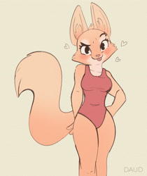 Size: 2880x3430 | Tagged: safe, artist:dauddalmata, diane foxington (the bad guys), canine, fox, mammal, anthro, dreamworks animation, the bad guys, 2023, blep, blushing, breasts, clothes, cute, eyebrow piercing, female, hand on hip, heart, looking at you, one-piece swimsuit, piercing, smiling, smiling at you, solo, solo female, swimsuit, tail, tongue, tongue out, wide hips