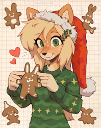 Size: 1408x1776 | Tagged: safe, artist:waspsalad, oc, oc:almond (waspsalad), cervid, deer, mammal, anthro, 2023, antlers, blushing, christmas, christmas sweater, clothes, cookie, doe, female, food, gingerbread cookie, hair accessory, hat, headwear, holiday, looking at you, santa hat, smiling, smiling at you, solo, solo female, sweater, topwear