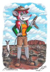 Size: 900x1280 | Tagged: safe, artist:lepetithelvete, kangaroo, mammal, marsupial, mouse, rodent, anthro, feral, geronimo stilton (series), 2018, australia, boomerang, bottomwear, brown body, brown fur, clothes, ears, fur, gray body, gray fur, green eyes, hair, hat, headwear, looking at you, macropod, nicky (geronimo stilton), open mouth, red hair, shirt, shoes, shorts, signature, solo, solo focus, tail, thea sisters, topwear, uluru