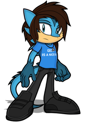 Size: 1200x1725 | Tagged: safe, artist:toyminator900, bearded dragon, lizard, reptile, anthro, geoff wigington, nintendo, sega, sonic the hedgehog (series), the legend of zelda, waterparks, anthrofied, blue body, blue eyes, bottomwear, brown hair, clothes, furrified, hair, jewelry, male, necklace, nose piercing, pants, piercing, shirt, shoes, simple background, solo, solo male, sonicified, standing, t-shirt, topwear, transparent background, triforce