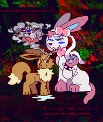 Size: 960x1135 | Tagged: safe, artist:jackrabbit, oc, oc only, oc:marshmallow, oc:munchkin, eevee, eeveelution, fictional species, mammal, sylveon, feral, nintendo, pokémon, abstract background, blushing, cousins, crying, duo, english text, fur, hair, intersex, intersex male, male, paws, smoke, smoking, text
