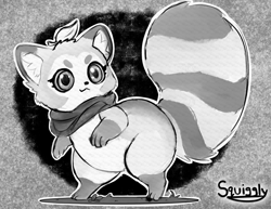Size: 7087x5471 | Tagged: safe, artist:squigglydraws, oc, oc only, oc:koro (squigglydraws), canine, mammal, raccoon dog, semi-anthro, big tail, chibi, clothes, female, genderfluid, grayscale, monochrome, scarf, signature, sketch, solo, solo female, tail, tail tuft
