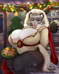 Size: 1295x1610 | Tagged: safe, artist:tiggybloom, oc, oc only, oc:paccha, big cat, feline, mammal, tiger, anthro, absolute cleavage, antlers, bedroom eyes, big breasts, blep, breasts, christmas, christmas lights, christmas tree, cleavage, clothes, conifer tree, cookie, costume, demon costume, female, food, gingerbread cookie, goat costume, holiday, hood, huge breasts, indoors, innuendo, jingle bells, krampus costume, legwear, lights, looking at you, nail polish, sitting, snowman, solo, solo female, tail, thick thighs, thigh highs, thighs, tigress, tongue, tongue out, tree, wide hips