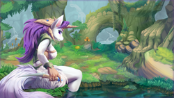 Size: 2559x1440 | Tagged: safe, artist:viwrastupr, sierra (mana), mammal, anthro, mana (series), female, forest, headwear, helmet, looking at you, looking back, looking back at you, scenery, scenery porn, sitting, solo, solo female, tail, thick thighs, thighs, wide hips