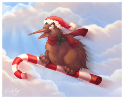 Size: 700x560 | Tagged: safe, artist:dolphiana, bird, kiwi, feral, 2008, 2d, ambiguous gender, beak, belly fluff, butt fluff, candy, candy cane, cheek fluff, chest fluff, christmas, clothes, cloud, cute, fluff, food, hat, headwear, holiday, holly, leg fluff, open beak, open mouth, riding, santa hat, scarf, signature, solo, solo ambiguous