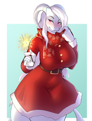 Size: 1000x1317 | Tagged: safe, artist:mojaloo, oc, oc only, dragon, fictional species, anthro, 2023, bedroom eyes, belt, bottomwear, breasts, christmas, clothes, commission, digital art, dragoness, dress, ears, eyelashes, female, hair, holiday, horns, looking at you, magenta eyes, pose, simple background, solo, solo female, sparkler, thighs, white body, white hair, wide hips