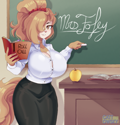 Size: 1879x1961 | Tagged: safe, artist:cattowsky, oc, oc only, canine, dog, mammal, anthro, 2023, big breasts, bottomwear, breasts, chalkboard, clothes, commission, detailed background, digital art, ears, eyelashes, female, fur, hair, hair over one eye, looking at you, pose, school, shirt, skirt, solo, solo female, teacher, thighs, topwear, wide hips