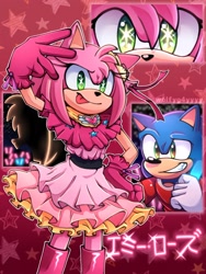 Size: 1536x2048 | Tagged: safe, artist:wolfyg4yyy, amy rose (sonic), sonic the hedgehog (sonic), hedgehog, mammal, sega, sonic the hedgehog (series), 2023, ai hoshino (oshi no ko), blue body, blue fur, bottomwear, clothes, cosplay, costume, dress, duo, duo male and female, female, fur, glowstick, green eyes, idol, japanese text, male, oshi no ko, pink body, pink fur, shirt, short tail, stars, tail, text, tongue, tongue out, topwear