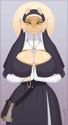 Size: 1317x2400 | Tagged: safe, alternate version, artist:cryptidshy_nsfw, oc, oc:talessa (cryptidshy), dragon, fictional species, anthro, breasts, cleavage, female, huge breasts, nun, nun's habit, praying, solo, solo female, wide hips