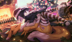 Size: 3107x1844 | Tagged: suggestive, artist:hikerumin, fictional species, impmon, renamon, anthro, digimon, 2024, breasts, christmas, christmas lights, christmas stocking, christmas tree, clothes, commission, conifer tree, fireplace, hand on breast, hat, headwear, holiday, kissing, legwear, lights, missionary position, plant, present, santa hat, sex, signature, stockings, thigh highs, touching, tree